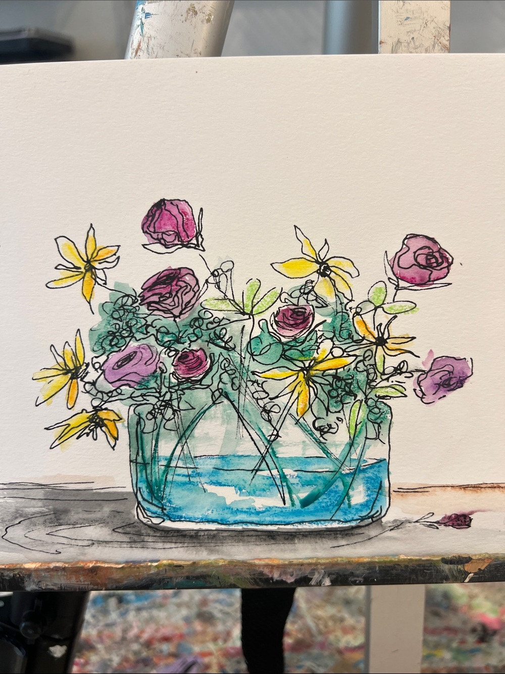 Watercolor Floral Still Life - Pink Roses & Yellow Daisies